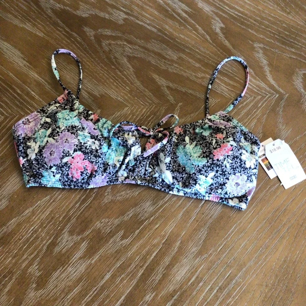 Time And Tru Womens Black Batik Floral Keyhole Bandeau Bikini Top Medium 8-10